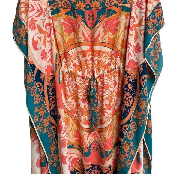 BCBGMAXAZRIA Boho Kaftan Printed Mini Knee Length Dress Coverup Pink Blue XS - Picture 6 of 13
